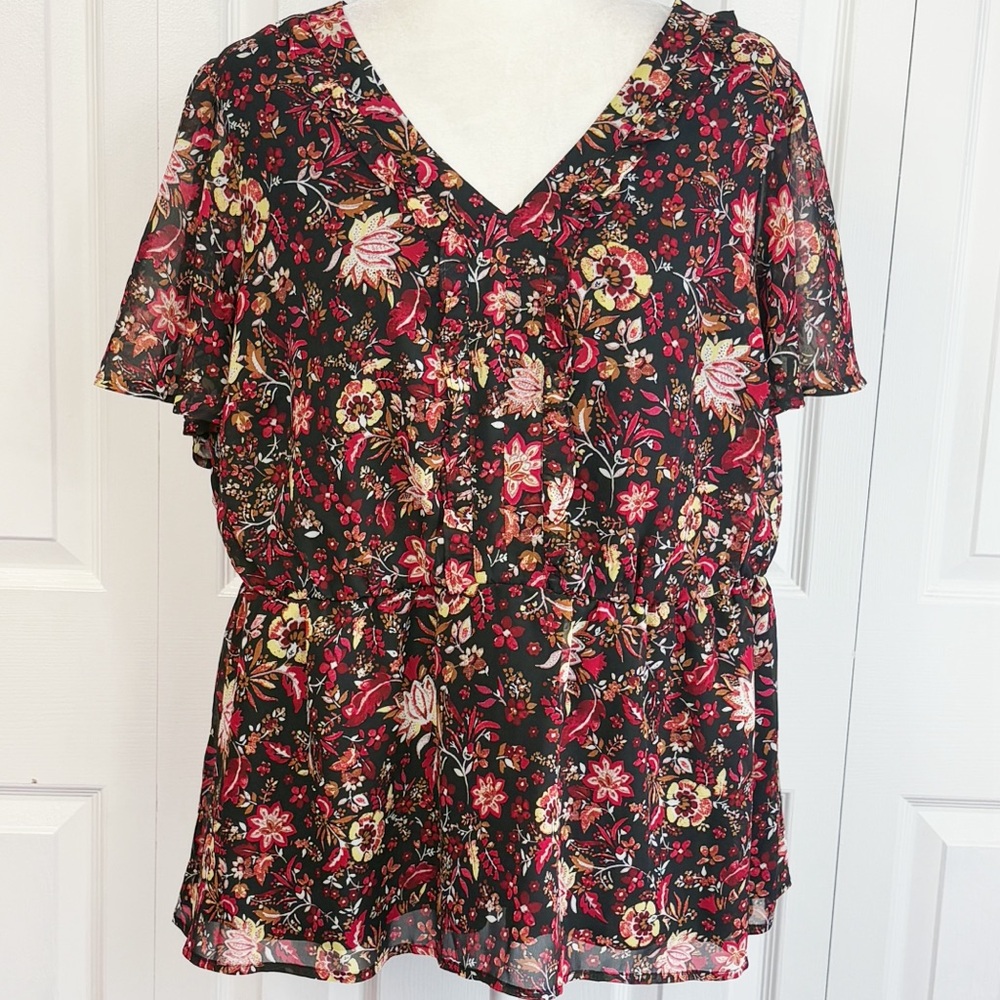 Lane Bryant Black & Red Floral Sheer Ruffle Elastic Waist Blouse 18
